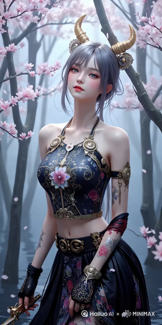 高处[推进，下降]到角色，然后[右移,左摇,跟随]，少女邪魅的微笑，右眼俏皮的眨了下眼睛，扭动细腰起舞 by Hailuo AI Video Generator