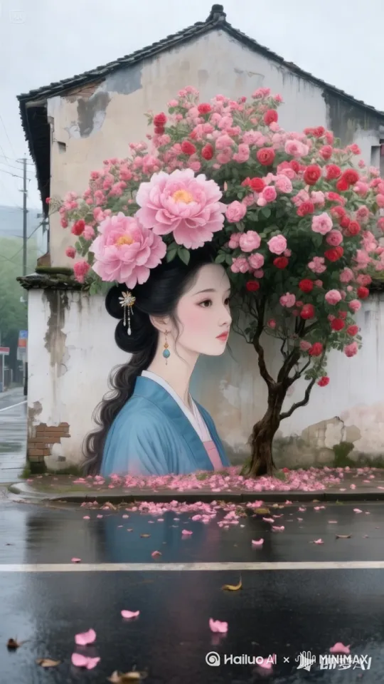 玫瑰花随风摆动，画中女子固定不动，镜头向前推进 by Hailuo AI Video Generator