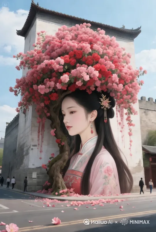 让图片花朵随着大风飘摆来摆去，壁画美女不动，脸部不能扭曲，眼睛不能眨眼，行人走动，镜头固定拍摄，旋转运镜 by Hailuo AI Video Generator