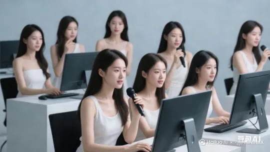 直播直播的美女全部站起来欢呼，然后脱下外套，露出里面的小内衣在跳舞 by Hailuo AI Video Generator