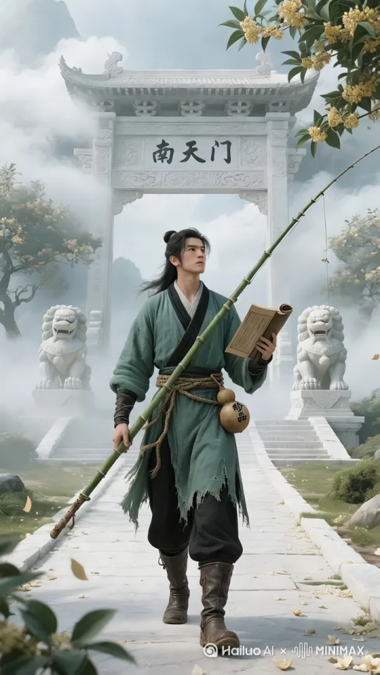 大唐年间，天庭南天门高大头上写着三个大字 南天门气势恢宏豪华威严，矗立在缥缈云雾间。仙气缭绕 汉白玉打造的门身高大巍峨，瑞兽祥云雕刻栩栩如生，闪耀圣洁光芒。门前石狮子威风凛凛，身形矫健，守护着这方神圣之地。宽阔的白玉大道宛如银河，伸向远方，两旁桂花树繁花似锦，金黄花瓣飘落，铺就金色香毯。
 
萧逸，身形高大壮硕，气质不凡。他脸庞轮廓分明，双眸深邃有神，透着坚毅与好奇。身着青绿色粗布长袍，领口袖口的黑色镶边增添几分精致，虽衣摆破旧，却难掩洒脱之气。腰间草绳系着泛黄旧葫芦，上书“珍品”二字，充满神秘。下身黑色肥裤挽起，露出结实小腿，脚蹬锃亮牛皮靴，步伐沉稳有力。此刻，他一手扛着修长翠竹制成的钓鱼竿，一手拿着古朴天书卷，正仰头凝视南天门，眼神中满是敬畏与期待。
 
动作变化
 
萧逸一边前行，一边不时抬头端详南天门，还伸手轻抚桂花树，感受花瓣飘落。他换肩扛竿，翻开书卷仔细研读，轻声默念后合上书卷，大踏步向前，路过石狮子时，抬手轻拍狮头。
 
环境变化
 
轻柔云雾在南天门周围缓缓飘动，阳光穿透云雾，洒下金色光线，为桂花树披上光辉。微风拂过，枝叶沙沙作响，桂花香气四溢，与远处传来的悠扬仙乐交织，如梦如幻。偶尔，天边飘来几朵彩云，为这美景增添几分绚丽。
 
爆笑对话
 
萧逸（自言自语，满怀期待）：“这天庭南天门，果然非同凡响！我这钓鱼之术，说不定能在这天庭大放异彩。这葫芦里的‘珍品’，或许也能派上用场，嘿嘿。”
 
运镜方法
 

 
2. 中景：镜头聚焦萧逸，捕捉他的动作和表情，体现其心境。
 
3. 特写：着重刻画书卷、葫芦、鱼竿细节，以及南天门雕刻、石狮子神态和桂花等。 by Hailuo AI Video Generator