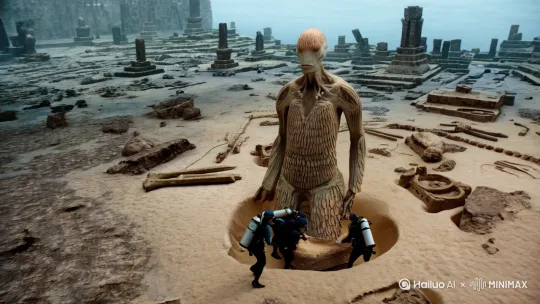 人类在不同的遗迹中发现过巨大的类人生物化石。这些类人生物不仅尺寸巨大，且带有海底生物独有的特征，例如鳞状骨骼结构，并伴随着一些超乎常规尺寸的巨大生活用具。这些无不预示着曾经有非常巨大的类人生物在活动，而鳞片结构似乎在告诉我们这些巨人来自哪里。在海底，我们发现了同样特征的巨人化石，似乎印证了某些传说消失的亚特兰蒂斯。 by Hailuo AI Video Generator