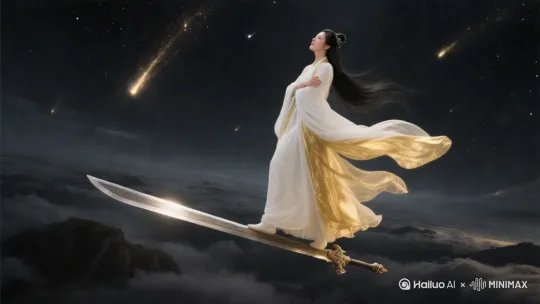 近景，特写。人物面部特写，仙侠美女，容貌极其美丽，像是刘亦菲，眼睛看着前方，若有所思，张开双臂，迎着风。身穿红金色长袍的美丽女性修真者，长袍夸张地飘荡，黑色长发飘扬，美丽，人侧身站立在高空中，双脚下踩着一柄巨大无比的长剑，悬浮在高空飞行，双手环抱在身前，仙侠大电影风格，玄幻，古朴，孤独，高清 by Hailuo AI Video Generator