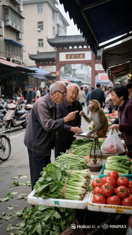 镜头移动，动态跟随，展现两个老爷爷与猴子的史诗般的激烈打斗场面，两个人正在进行惊心动魄的中国功夫对决。左边的人右脚轻点地面，身体如旋风般旋转，左腿高高抬起，以一记凌厉的侧踢攻向对手的头部，速度极快。右边的人一个前滚翻躲开，起身时双腿连环踢出，腿影重重，令人眼花缭乱。两人的招式变化无穷，身影在环境中快速移动，忽左忽右，地面灰尘四起，展现出中国功夫的博大精深。周围的人欢呼雀
跃、拍手叫好。 by Hailuo AI Video Generator