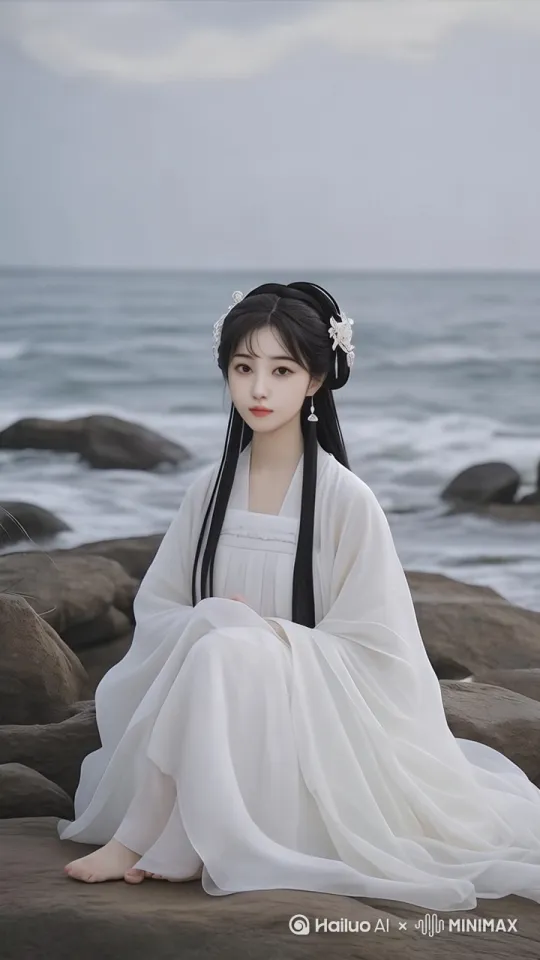 海浪翻涌拍向岸边礁石，海风轻拂女子飘逸白裙，远处海面泛起层层涟漪，礁石缝隙中钻出小螃蟹，天边云朵缓缓变换形状，女子抬手轻抚发间簪花，女子缓缓伸展自己双臂，女子起身慢步走向海边 by Hailuo AI Video Generator