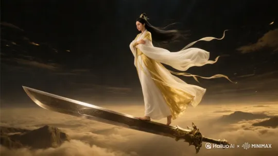 近景,特写。人物面部特写,仙侠美女,容貌极其美丽,像是刘亦菲,眼睛看着前方,若有所思,张开双臂,迎着风。身穿红金色长袍的美丽女性修真者,长袍夸张地飘荡,黑色长发飘扬,美丽,人侧身站立在高空中,双脚下踩着一柄巨大无比的长剑,悬浮在高空飞行,双手环抱在身前,仙侠大电影风格,玄幻,古朴,孤独,高清 by Hailuo AI Video Generator