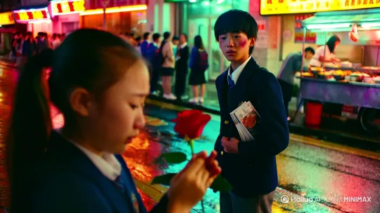 Rainy night close-up, a teenage boy secretly holding concert tickets behind his back, his school uniform sleeve revealing part-time job bruises, girl in ponytail clutching rose with teary eyes, neon lights reflecting on wet pavement, 1990s Hong Kong street food stall background, cinematic soft focus" by Hailuo AI Video Generator