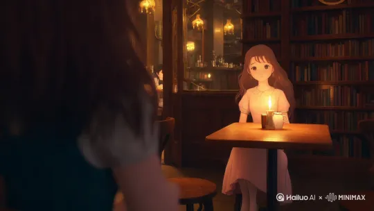 动漫形式，女孩在浪漫的咖啡厅里等待男孩的到来 by Hailuo AI Video Generator