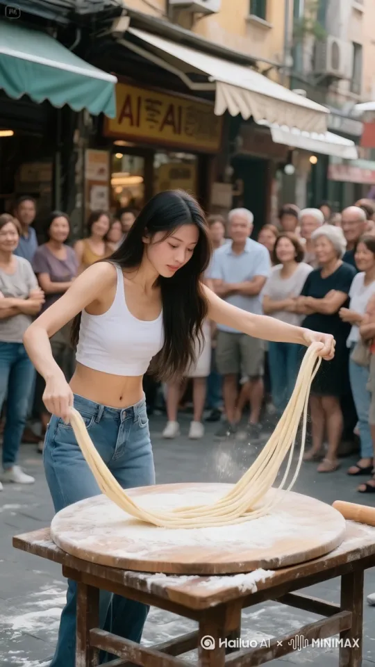 美女双手用力一甩，
把面条甩在空中用中国功夫，中国的各种功夫，最后用中国太极云手快速转动面条，面条犹如飞龙瞬间在空中形成了一个太极的图案。周围人看见都拍手叫好。 by Hailuo AI Video Generator