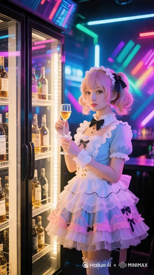 开场时，全景机位从酒吧入口处缓缓推进，捕捉身着女仆装的女孩轻盈步入酒吧的身姿，霓虹灯光在她身后闪烁。中景机位此时跟上，聚焦她走近酒柜，伸出手轻抚酒柜玻璃的动作，眼神带着好奇与探寻。特写机位则定格在她拿起一杯酒的瞬间，细腻展现她修长手指优雅握住酒杯脚，随后轻晃酒杯，琥珀色的酒液在杯中旋转，光影在杯壁流转，她微微低头，嗅着酒香，表情沉醉，整个过程连贯且充满氛围感，将女仆在酒吧品酒的场景生动呈现。 by Hailuo AI Video Generator