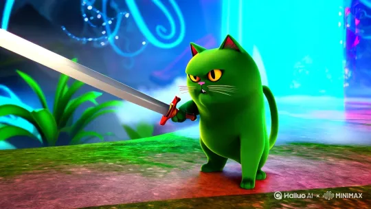 做一个视频：要求一个绿色的胖猫 3D高清 4k  20秒 内容是这些:剑道亚仙尊  剑劈五域亚仙尊，为情所系幸苍生，我知墨意情至深，青丝易斩情易扔，志比天高天易败，青锋直指天穹外 by Hailuo AI Video Generator