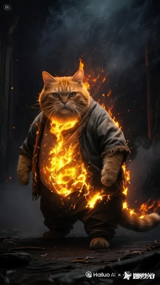 镜头跟随，动态移动，镜头围绕大橘猫旋转一圈，写实风格，1:1比例。怪物触碰到大橘猫的瞬间，大橘猫周身突然燃起熊熊烈火，火焰呈橙红色，夹杂着金色光芒。大橘猫被火焰包裹，表情痛苦却又坚定，仿佛在承受着巨大痛苦的同时，也在积蓄力量。 by Hailuo AI Video Generator