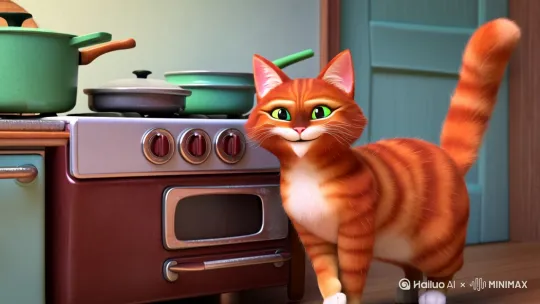 [场景：厨房，背景是简单的炉子和锅具]

第0秒：小橘猫站在炉子旁边，微笑着看向镜头。
第2秒：小橘猫拿起锅铲，开始搅拌锅里的食物。
第5秒：小橘猫继续搅拌，表情专注。
第8秒：小橘猫将食物装盘，端起盘子。
第10秒：小橘猫端着盘子，微笑着看向镜头，尾巴轻轻摆动。 by Hailuo AI Video Generator