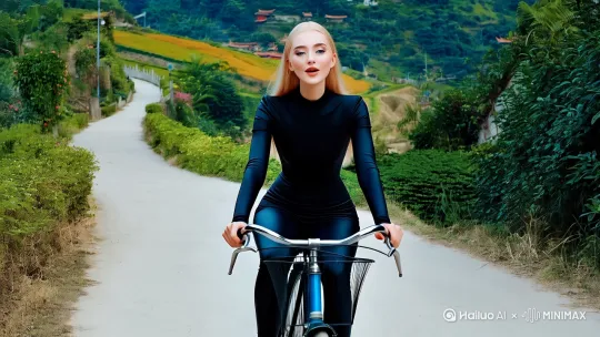 一个欧洲美女骑中国农村二八大杠自行车在中国乡间小路上骑车唱歌。美女金发碧眼，皮肤白皙，气质优雅，长相漂亮，穿着黑色紧身衣服。近景，画面色彩清晰，电影级质感， by Hailuo AI Video Generator