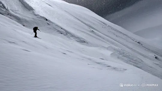 风雪连天，一个人在雪山上滑雪逃命，后面雪崩追击镜头，第一人称视角，速度要快一点，更加真实[晃动] by Hailuo AI Video Generator