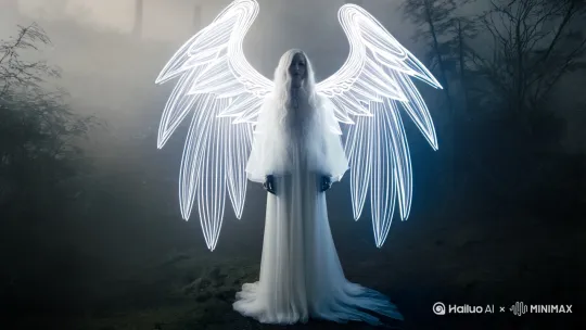 foggy bleak mysterious forest, white long wave hair beautiful woman, stand in front, with wings, wings formed by white neon light trail, surreal, fantasy, stunning, long shot, full body, film screen, photograph, super realistic -[推出,上升,下摇] by Hailuo AI Video Generator