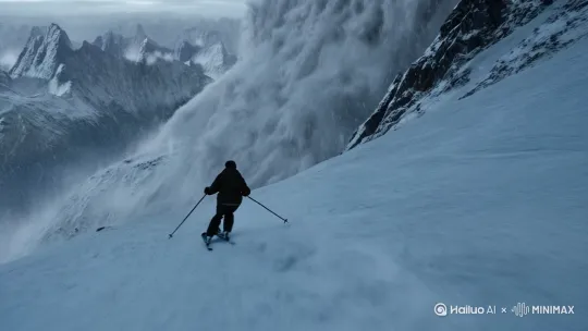 一个人在雪山上滑雪逃命，后面雪崩追击人物特效，满天风雪，压迫感满满。 by Hailuo AI Video Generator