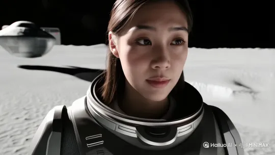 镜头最早从一个戴着面罩的人物面部开始后拉,年轻的宇航员穿着高科技宇航服,步伐稳健地走在月球的表面。远处,飞行器的阴影投射在崎岖的月球地面上,环绕着的是无尽的灰白色沙土和陨石坑。阳光从无云的黑色天际照射下来,四周的景象因强烈的光影对比显得异常震撼。 by Hailuo AI Video Generator