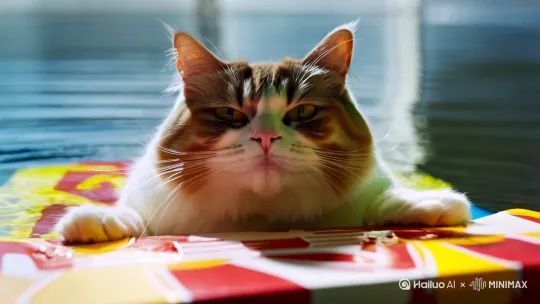 一只胖猫在吃麦当劳，镜头拉远，他在水中 by Hailuo AI Video Generator