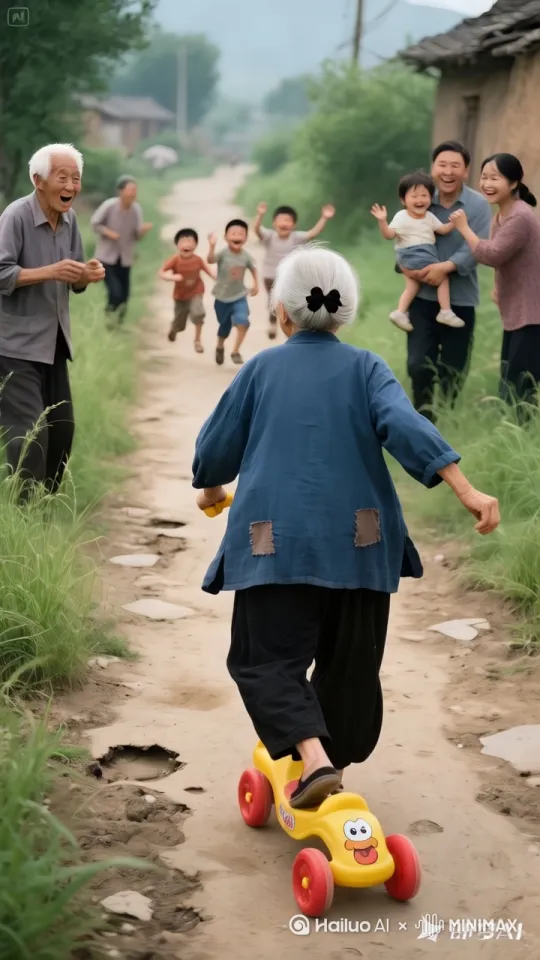 老奶奶踏上滑车向前滑去，引来大家拍手叫好， by Hailuo AI Video Generator