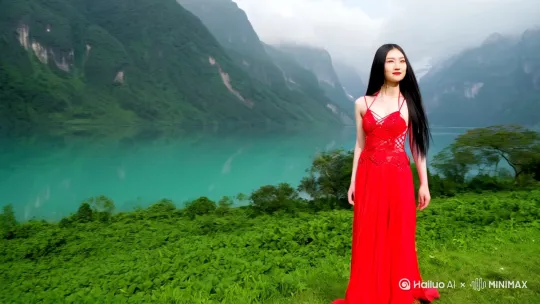 木兰天池，美女，黑色长发，高个，肤白，红色吊带短裙，走过来 by Hailuo AI Video Generator