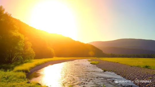炽热的夏日，太阳在天上称雄。好在，其时有一条明澈的小河，潺湲流过，好冰凉孩子们的心。孩子在河边折纸船，有时还会到森林里冒险，多年来，村庄的现象一向都是这姿态的…… by Hailuo AI Video Generator