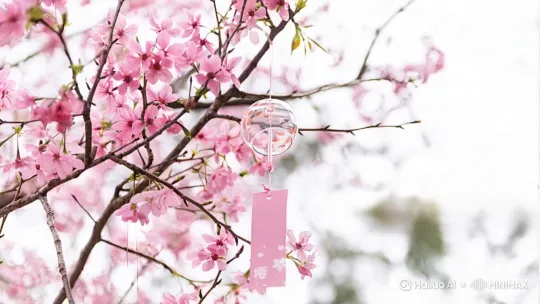 一阵微风，桃花花瓣轻轻的晃动，风铃[右移,左摇,跟随]轻轻地响着 by Hailuo AI Video Generator