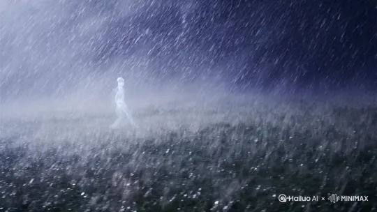 半透明发光人形穿过暴雨，雨滴静止空中，[右移,左摇,跟随] by Hailuo AI Video Generator
