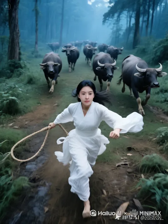 人物向前跑去，速度之快，脚底沙尘飞扑，后面牛儿，跟着人跑，速度也很快！ by Hailuo AI Video Generator