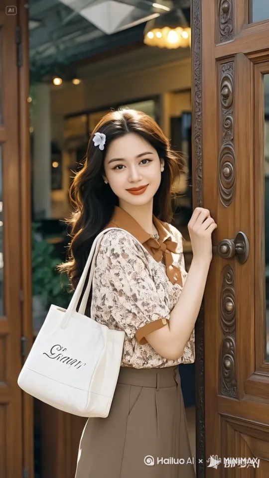 图片主体人物穿着卡其色上衣和棕色阔腿裤，推门走进咖啡店，镜头左摇跟随 by Hailuo AI Video Generator