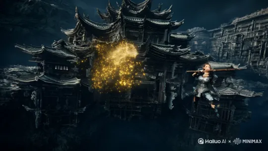 主题场景：五维立体空间中悬浮的残破古建筑群，穿着战损汉服的女性手持长矛，皮肤破损处露出闪烁的金光，凌乱长发在粒子风暴中飘散。视觉风格采用暗黑系赛博朋克与水墨晕染结合，空间撕裂处产生裸眼3D的腐蚀性光斑，超广角透视强化空间纵深感。技术细节包含OC渲染的动态模糊效果，双重曝光形成的半透明幽灵残影，高噪点胶片颗粒叠加弥散光晕，夸张构图使机械躯体与古建筑形成几何切割，冷暖色温在强对比中制造诡异氛围，暗部保留丰富的古代细节。 by Hailuo AI Video Generator