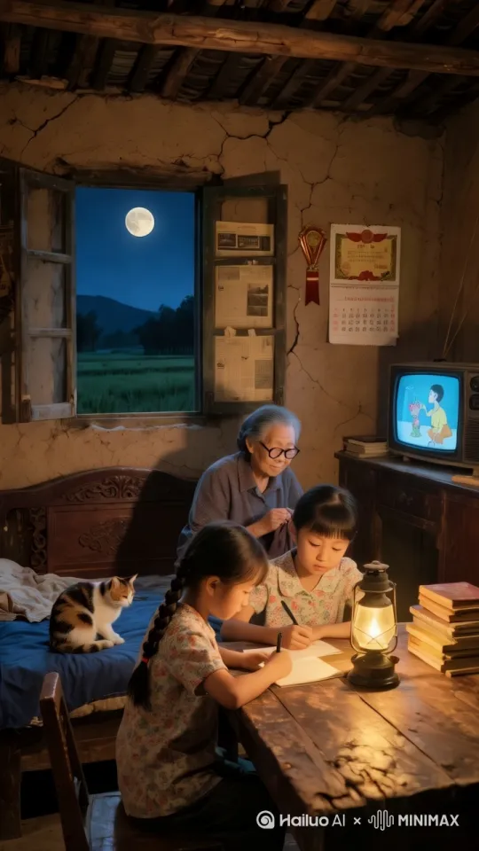 固定机位镜头，怀旧乡村室内夜景，土坯墙显露古朴裂纹质感，墙面悬挂褪色奖状与手撕日历，木梁结构屋顶延伸至敞开的方窗，窗外可见圆月高悬的田野风光，窗框残留泛黄报纸贴痕，老式显像管电视机闪烁播放八零年代动画片，桌上马灯投射暖黄光晕，穿碎花衣扎麻花辫的小姐弟俩人伏于磨损木桌前写字，老奶奶戴老花镜坐雕花木床边缝补粗布衣裳，三花猫蜷缩在蓝染布垫上，场景采用暖棕色调与柔光处理，木纹肌理与布料褶皱刻画细腻，月光与马灯光形成冷暖交织的光影层次，电视机屏幕蓝光与暖色主调形成视觉对比，低噪点胶片质感强化怀旧气息，整体构图突出木桌磨损痕迹与书本堆叠细节，营造出静谧温馨的八零年代夏夜生活图景。人物脸部表情清晰，自然，不变形，不扭曲。 by Hailuo AI Video Generator