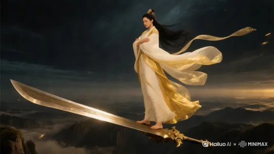 近景，特写。人物面部特写，仙侠美女，容貌极其美丽，像是刘亦菲，眼睛看着前方，若有所思，张开双臂，迎着风。身穿红金色长袍的美丽女性修真者，长袍夸张地飘荡，黑色长发飘扬，美丽，人侧身站立在高空中，双脚下踩着一柄巨大无比的长剑，悬浮在高空飞行，双手环抱在身前，仙侠大电影风格，玄幻，古朴，孤独，高清 by Hailuo AI Video Generator