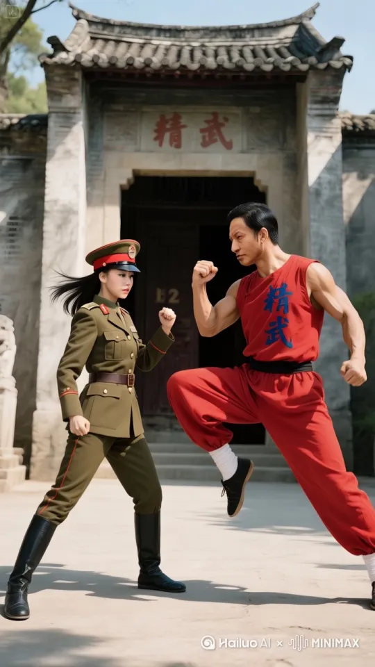 男人左打右踢，右打左踢，拳打两脚踢，三拳四脚踢，后扫腿，前扫腿，转弯扫腿，转圈踢腿，打在女人的膝盖胸口头，男人目露凶光，不停的吼叫，踢的女人连连后退，惨叫连连，口喷血柱朝天， by Hailuo AI Video Generator