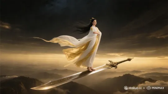 近景，特写。人物面部特写，仙侠美女，容貌极其美丽，像是刘亦菲，眼睛看着前方，若有所思，张开双臂，迎着风。身穿红金色长袍的美丽女性修真者，长袍夸张地飘荡，黑色长发飘扬，美丽，人侧身站立在高空中，双脚下踩着一柄巨大无比的长剑，悬浮在高空飞行，双手环抱在身前，仙侠大电影风格，玄幻，古朴，孤独，高清 by Hailuo AI Video Generator
