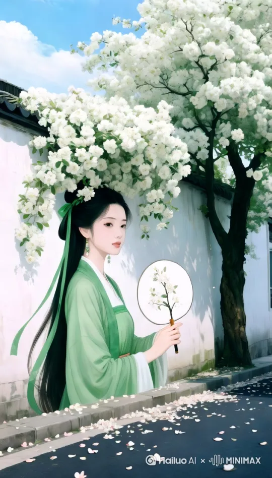 镜头缓慢向前运镜，树枝和花朵随风轻轻摆动，人物不动 by Hailuo AI Video Generator