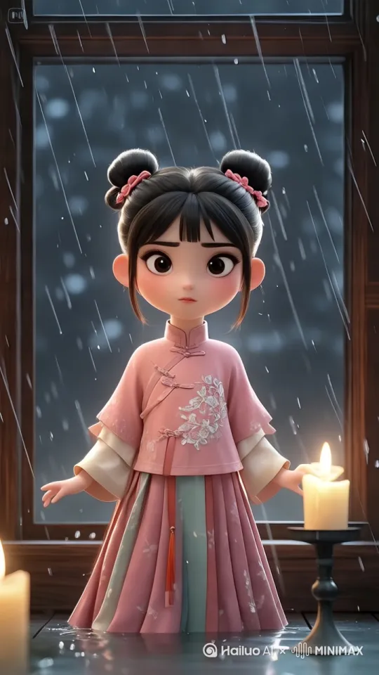 [右移,左摇,跟随]近景倾斜 镜头突然倾斜15°，从女孩惊讶的侧脸下拉至溅满雨水的窗台 女孩站在窗前，双手捂住嘴巴，眼睛睁大望向窗外；古铜色窗台上摆放着青瓷烛台，火苗在风中剧烈跳动，玻璃上雨水纵横，倒映出窗外被风吹弯的竹枝和模糊的雨夜星空，裙摆因风扬起露出绣着卷云纹的鞋尖 3D卡通风格，皮克斯质感，近景，穿粉色唐装的少女（眉头微蹙，衣摆飘动），雨夜窗台场景，雨水飞溅特效，烛火光影在脸上跳动，倾斜镜头增强动感，深灰色雨夜背景，窗玻璃反光细节，--v 6.0 --style cartoon --s 800 --chaos 30 --q 2 00:08-00:12 by Hailuo AI Video Generator