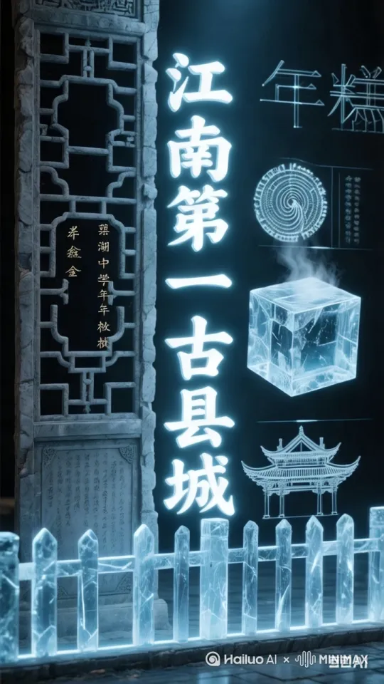 “慈城"主标题（横排熔金体）
字体骨架取自冯岳故居"进士第"匾额拓片，笔锋植入慈湖书院活字印刷铜模纹理  
动态特效
  字体内流淌骢马河水银质感浪花，每0.5秒浮现不同历史场景：  
     宋代水则碑拓片 - 明代药商银锭熔流 - 浙东抗日电波波纹  
  横笔末端持续坠落鎏金沙粒，沙粒触底幻化成二维码矩阵  

竖排副题（悬浮光篆）
江南第一古县城"七字采用解构主义书法：  
   竖笔为清代石窗花格重组的发光栅栏  
  横折处镶嵌年糕蒸汽凝结的冰晶立方体  
交互特效
  当虚拟光线穿透文字时，投射出：  
     孔庙碑林阴刻的孝经金句  
     慈湖中学百年银杏的年轮密码  
     保国寺斗拱结构的全息解剖图  

1300年地标（量子沙漏体）
数字造型融合：  
  清初数学家陈讦的浑天仪环圈  
  慈城年糕木模的几何切割面  
  三北游击纵队发报机齿轮组  
时空特效
  数字表面持续剥落青铜锈迹，露出底层纳米电路板纹路  
  底部沙漏每粒金砂包含：古城门牌号/经纬度/历史事件时间戳  


背景系统
  暗物质涂层上浮动着：  
  被解构的骢马河拱桥（桥洞内穿梭着发光乌篷船粒子）  
  冯宅彩绘门神与光伏板阵列的赛博朋克叠影  
  动态星图：以慈城历代进士生辰重构的银河坐标系  

能量网络
  所有文字通过发光粒子束连接：  
  贯穿药商博物馆的青瓷秘色光谱  
  缠绕慈湖残荷茎秆的区块链代码链  
  链接触发古城数字孪生的AR入口坐标 by Hailuo AI Video Generator