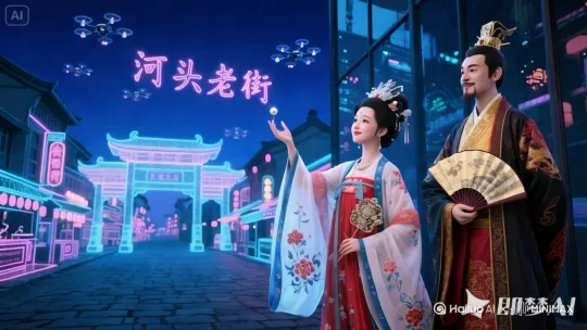 [固定镜头]帮我生成一个视频：从左侧走出一个穿汉服的环代少女，走到杨玉环面前，用手接过杨玉环递过的玉簪。比例 16:9。 by Hailuo AI Video Generator