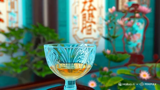 往玻璃杯中倒入菊花茶,背景:中式(古装剧),第一人称视角,二次元风格,青绿，浪漫. by Hailuo AI Video Generator