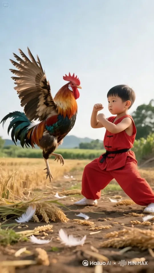 史诗级打斗，男孩后空翻躲避公鸡扑击，连续出拳打出幻影，公鸡腾空飞踢，镜头快速切换，地面裂痕特效 by Hailuo AI Video Generator