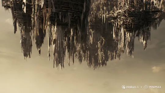 一个由破损废弃金属构建的天空之城在一个袍子弥漫的末日世界里对着镜头移动，天空之城由小变大。大师级运镜，电影级画面感[推进,上升] by Hailuo AI Video Generator