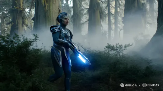 一名外星人战士，走在树林子里面，拿着能量武器准备埋伏敌人 by Hailuo AI Video Generator