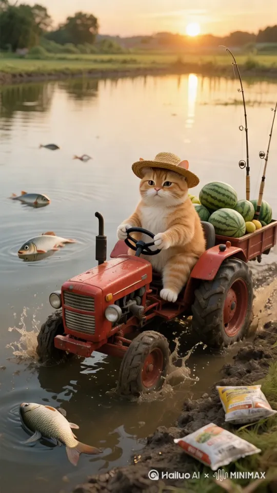 拖拉机突然侧翻入鱼塘，橘猫在空中翻滚三周半后精准落水，镜头切换慢动作水花特效，最后鱼群跃出水面组成‘大橘为重’字样 by Hailuo AI Video Generator