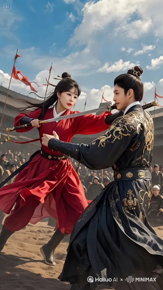9.16 高清呈现：武林惊鸿，云端鏖战
 
在 9.16 黄金比例的高清镜头下，一场武侠盛景震撼开场。演武场上，红衣女子与黑衣男子遥遥对立。日光倾洒，将他们的身影勾勒得凌厉而夺目，发丝根根分明，服饰纹理清晰可见。
 
陡然间，女子莲足轻点，身姿如燕般疾掠而出，长剑“唰”地出鞘，带出一抹冷冽寒芒。男子眼神一凛，双掌迅速推出，“呼呼”风声乍起。刀剑与掌风碰撞，“铿锵”声震得空气嗡嗡作响。二人身影在沙地上飞速腾挪，拳脚交加，“砰砰”闷响不断，激起阵阵沙尘。
 
激战正酣，女子瞅准时机，右脚猛地一跺地面，如炮弹般冲天而起，同时大喝：“看剑！”男子怒吼一声，旋即拔地飞升，双掌裹挟着劲气，“咻咻”作响，迎向女子。眨眼间，他们已冲入云端。云海之间，红衣似火，黑衣如墨，剑影与掌风交织，“嘶嘶”声不绝于耳。每一次兵器交击，每一回拳脚相搏，都似要将苍穹震破。
 
不知过了多久，二人如流星坠落，“轰”的一声砸落在地，地面瞬间龟裂。短暂调整后，他们再度近身缠斗，拳拳到肉，“嘭嘭”之声回荡四周。围观人群屏气凝神，紧张地注视着这场对决。
 
然而，战斗远未结束。两人蓦地分开，齐声发喊，再次施展绝顶轻功，扶摇直上，冲入九霄。云端之上，新一轮激战爆发，招式愈发狠辣凌厉。下方的看客们终于按捺不住，爆发出如雷的“噼啪”掌声和震耳欲聋的喝彩：“好功夫！”“精彩！”
 
9.16 比例的高清画面，将这场融合中国轻功与武功的巅峰对决完美呈现，从人物的神情姿态到背景的风云变幻，皆纤毫毕现。而这场江湖传奇，还在继续书写…… by Hailuo AI Video Generator
