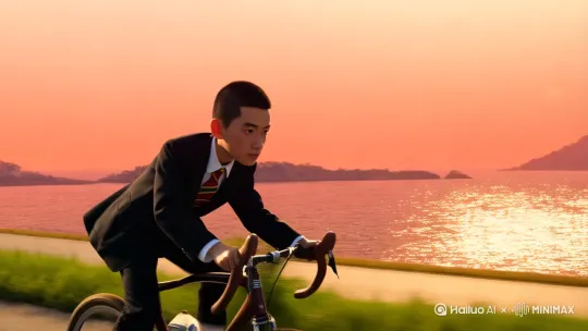 宫崎骏3d动漫风格，跟随右摇镜头，中景，一位短发且身着一套经典的黑色校园西装制服的男生骑公路自行车在夕阳下沿着海滨道路从左向右骑行，男生手握着棕色的车把正专注地骑着自行车，身体微微前倾，背景是波光粼粼的海面、远处城市建筑与山脉，橙红色天空与金色夕阳交织，展现动感与美景融合的画面，背景随着自行车移动往后退。 by Hailuo AI Video Generator