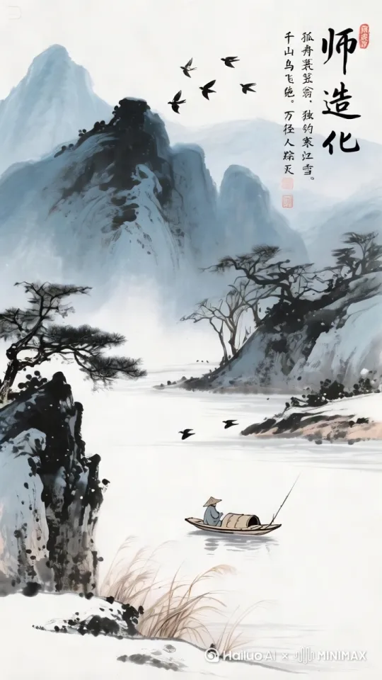 远峰在流动的烟岚中若隐若现，淡蓝色江面数只寒鸦振翅掠过水面，蓑笠翁手持竹竿端坐孤舟，墨绿苍松的枝干随风轻颤，青绿芦苇丛呈现波浪状起伏，柳宗元诗意文字如墨痕般在虚空渐显，运镜小船缓缓前行，船边水纹程现效果，画自然场景色彩， by Hailuo AI Video Generator