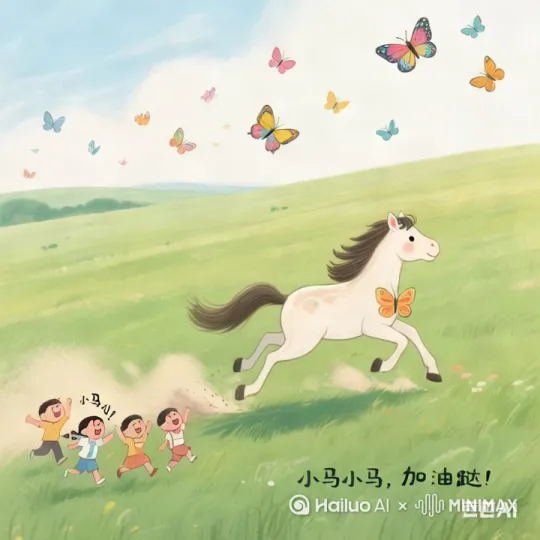 蝴蝶飞呀飞，把我们带到了大草原。瞧！一匹小马 “哒哒哒” 跑过来，它的尾巴甩呀甩。我们大声喊：“小马小马，加油跑！” 小马跑得更快啦！​ by Hailuo AI Video Generator