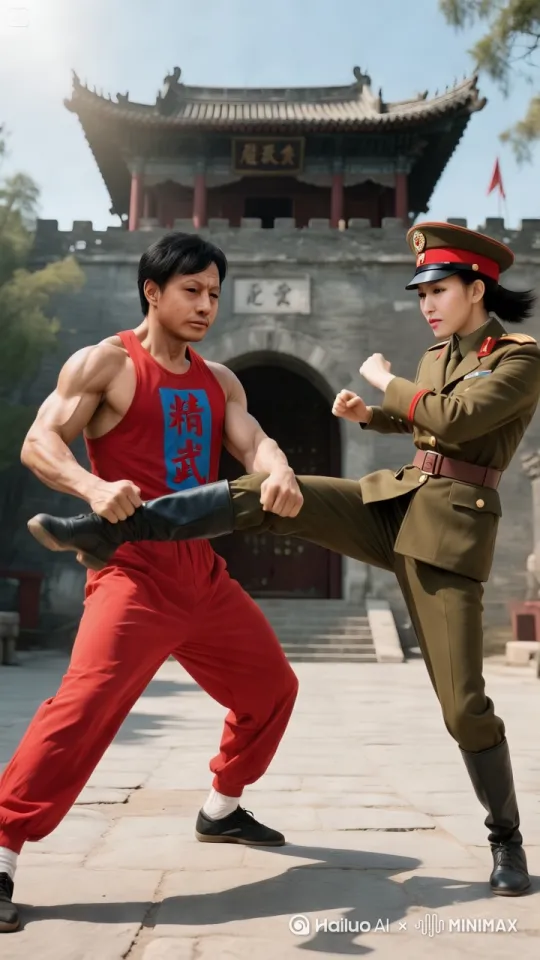 功夫对打，前空翻对打，后空翻对踢，不停的前空翻和后空翻对打对踢，男人发出武打动作的叫声，女人嘴巴张大不停的惨叫，口喷鲜血 by Hailuo AI Video Generator