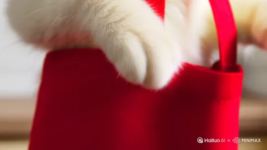 - **特写**：毛茸茸的猫爪系上迷你红色围裙带子

俯拍**：木质案板上摆着银白色鲜鱼、迷迭香、西蓝花  
- **动态**：猫爪轻推食材到画面中央 by Hailuo AI Video Generator
